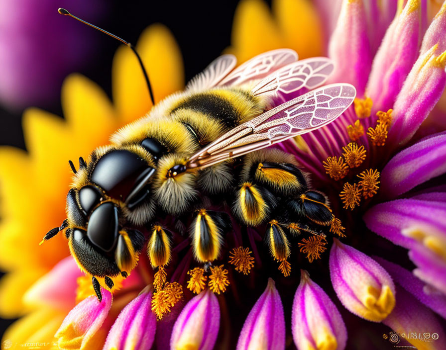 Close-Up Bee on Vibrant Pink and Yellow Flowers with Detailed Wing Structure and Fuzzy Body