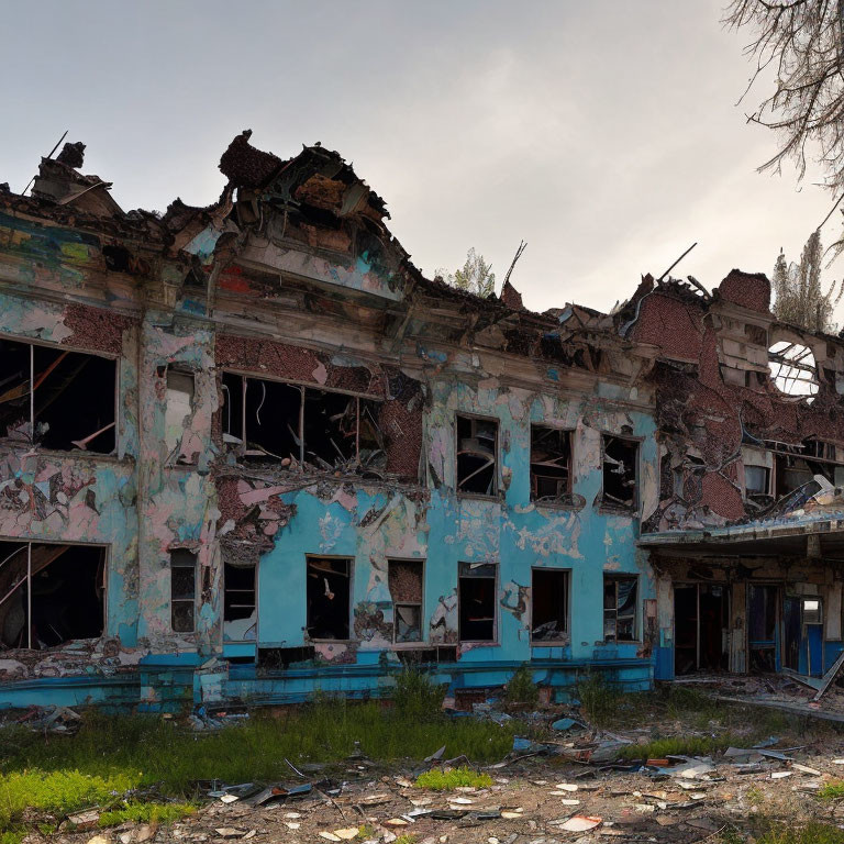 Abandoned two-story building with peeling blue paint and collapsed roof.