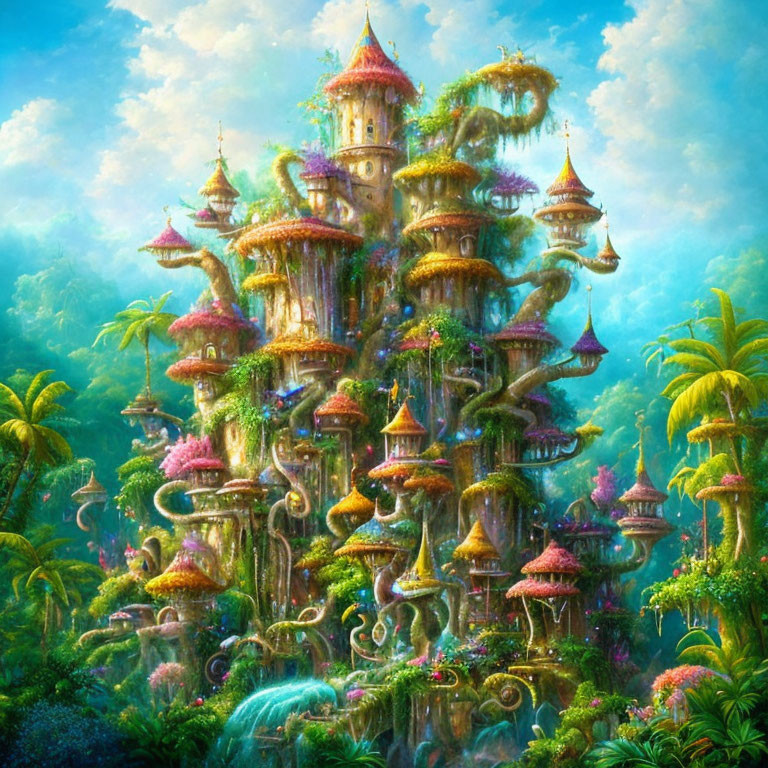 Fantastical tree-like castle with turrets in lush tropical setting