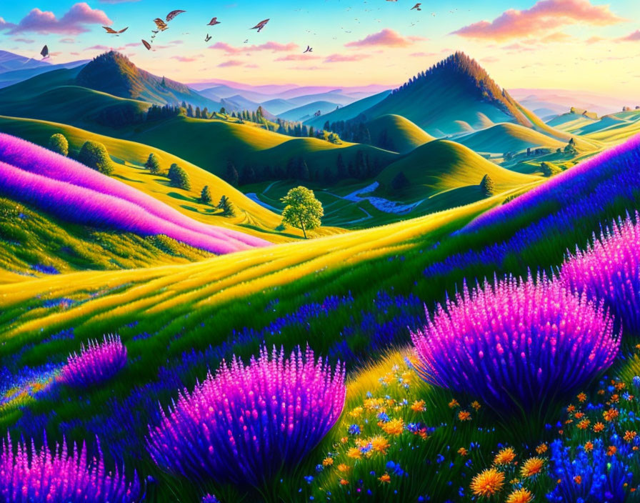 Scenic landscape: green hills, purple flowers, birds, sunset sky