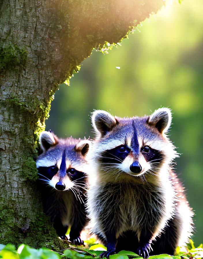 Curious raccoons under tree, sunlight filtering through foliage