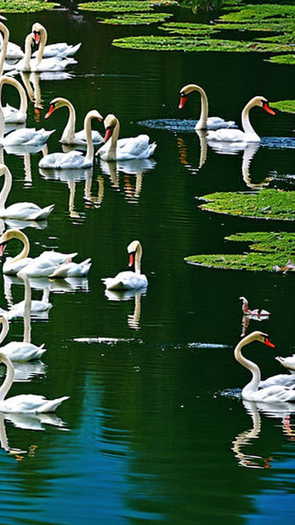 White Swans on Calm Blue Lake with Lily Pads