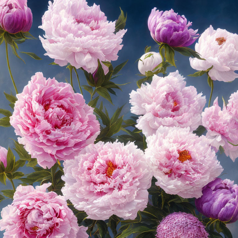 Vibrant Pink and Purple Peonies on Dark Blue Background