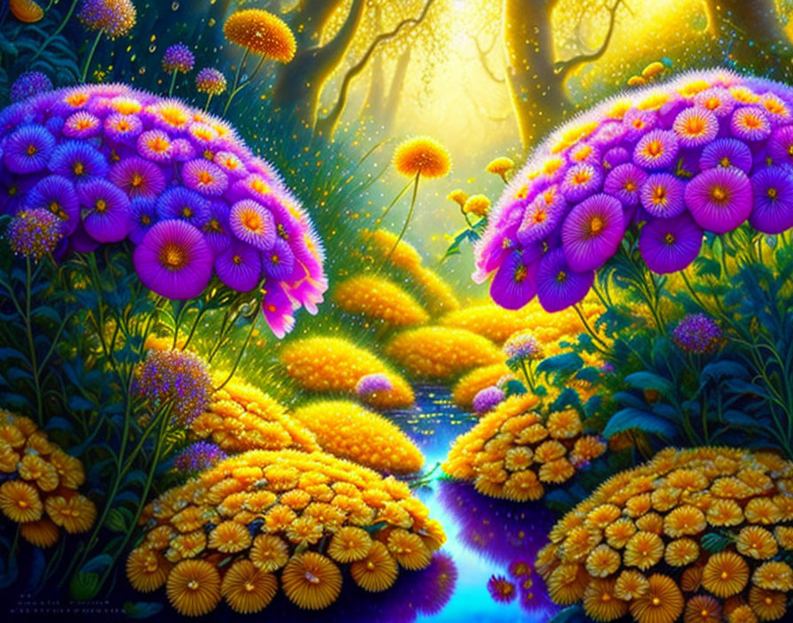 Fantastical forest with glowing flowers and stream under soft sunlight