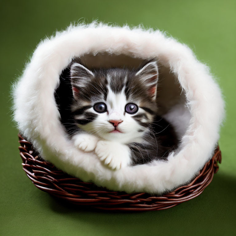 Adorable fluffy kitten in wicker basket on green background