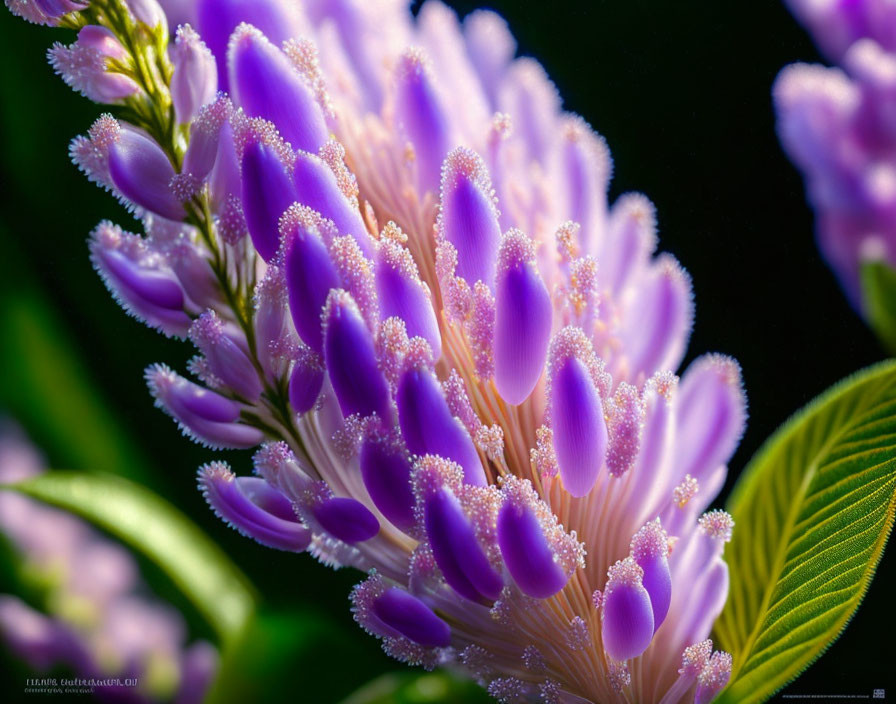 Purple flower with dewdrops on dark background and green foliage