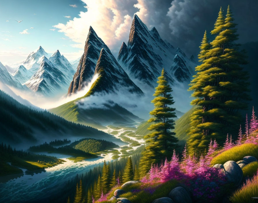 Majestic mountain peaks and lush valley with river, forests, and purple flowers at sunrise