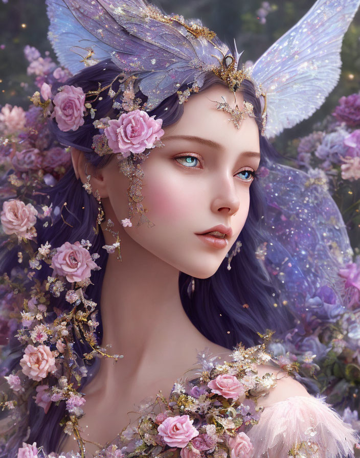 Fantasy portrait of woman with elf-like ears and floral headpiece