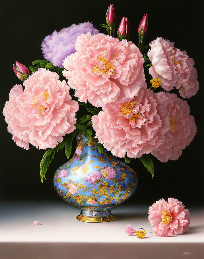 Pink peonies in blue vase with golden accents on dark backdrop