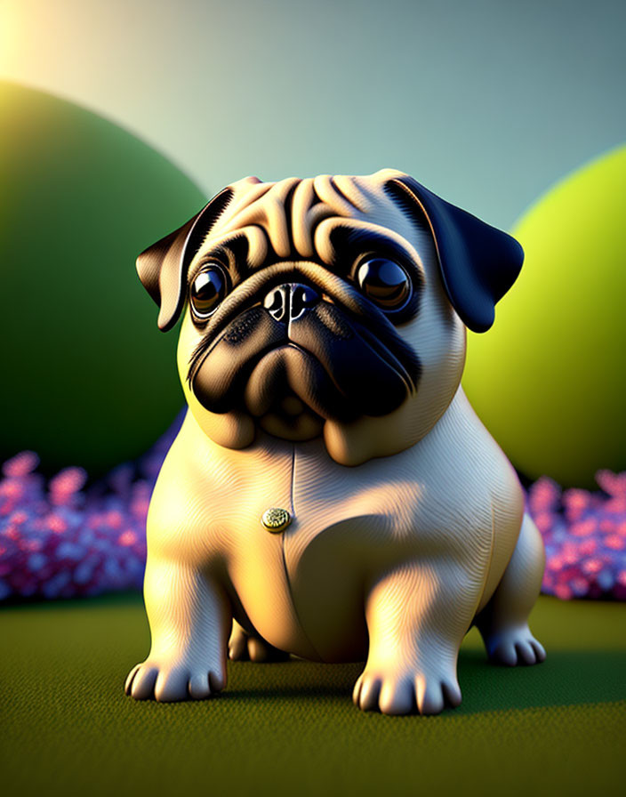 3D illustration of pug with shiny collar in front of hills and flowers