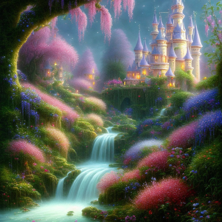 Enchanted fairytale castle in vibrant gardens with waterfalls and magical forest.