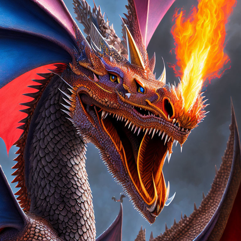 Detailed illustration of a fierce dragon breathing fire in a dramatic sky