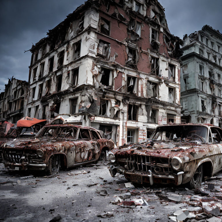 Dystopian scene with dilapidated buildings and rusted cars under cloudy sky