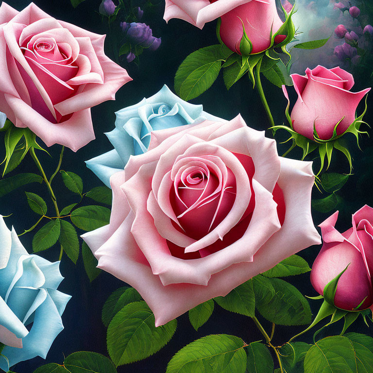 Colorful pink and blue roses on dark background with green foliage