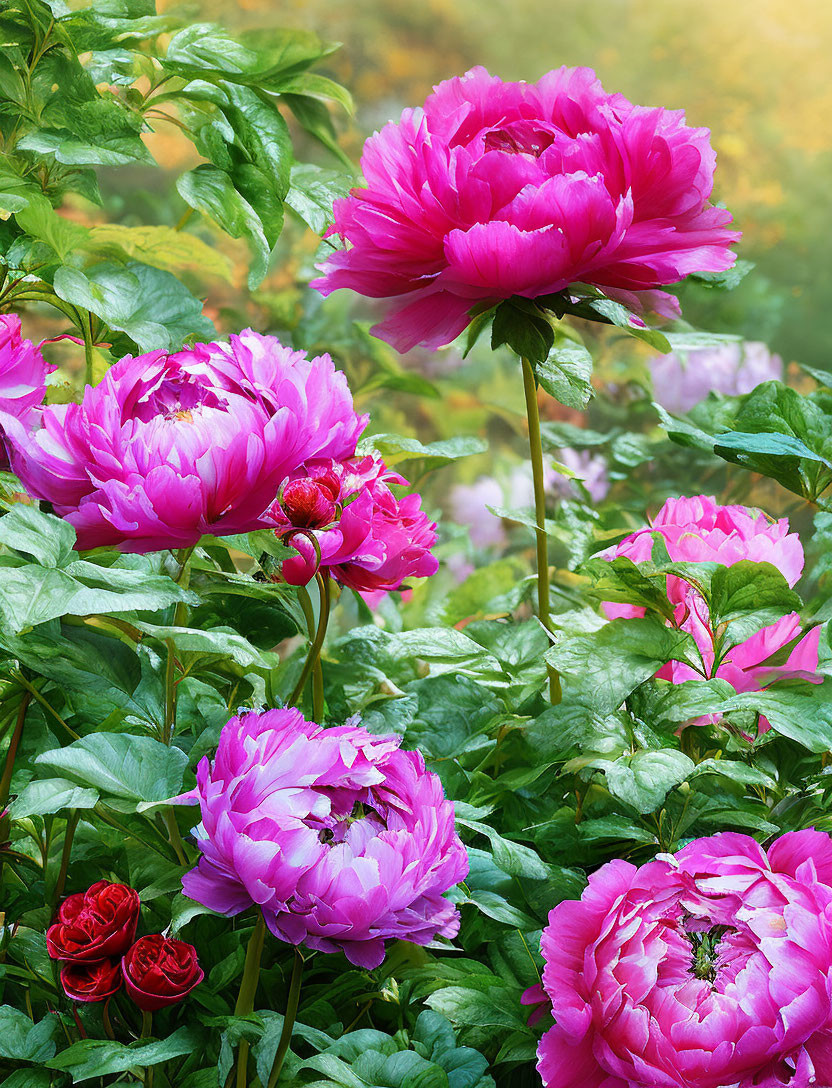 Blooming magenta peonies in lush garden setting