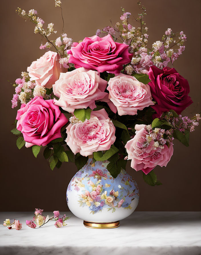 Pink Roses and Delicate Flowers in White Vase on Neutral Background