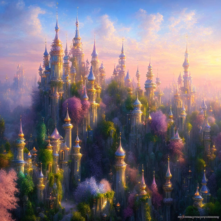 Fantastical landscape with golden towers and lush flora under warm sky