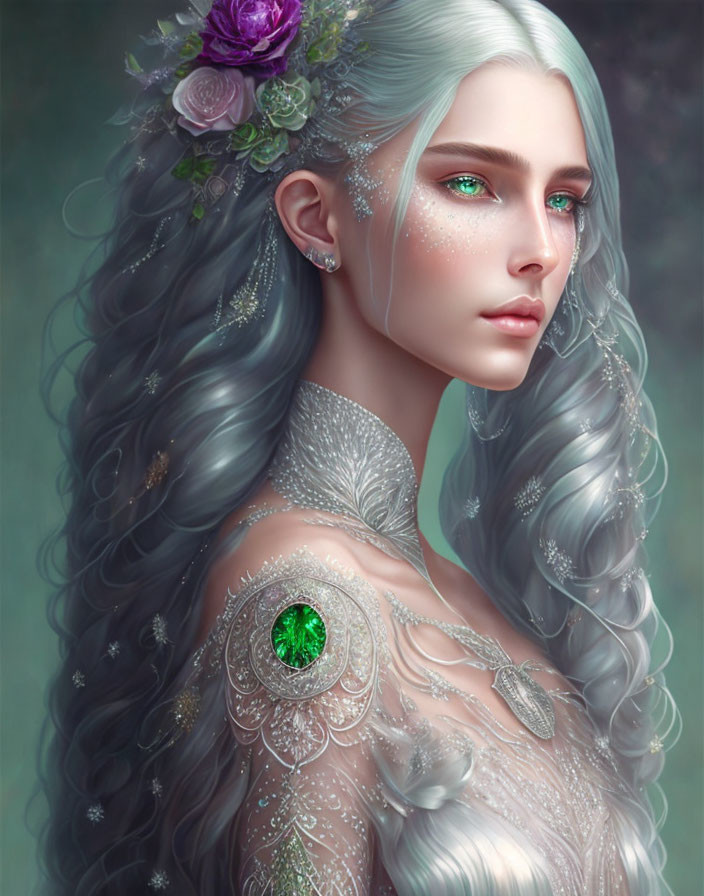 Fantasy portrait of a pale woman with silver hair, green eyes, and intricate tattoos