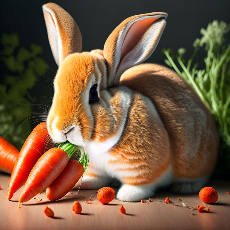 Brown and White Rabbit Eating Carrot with Fresh Carrots on Dark Background