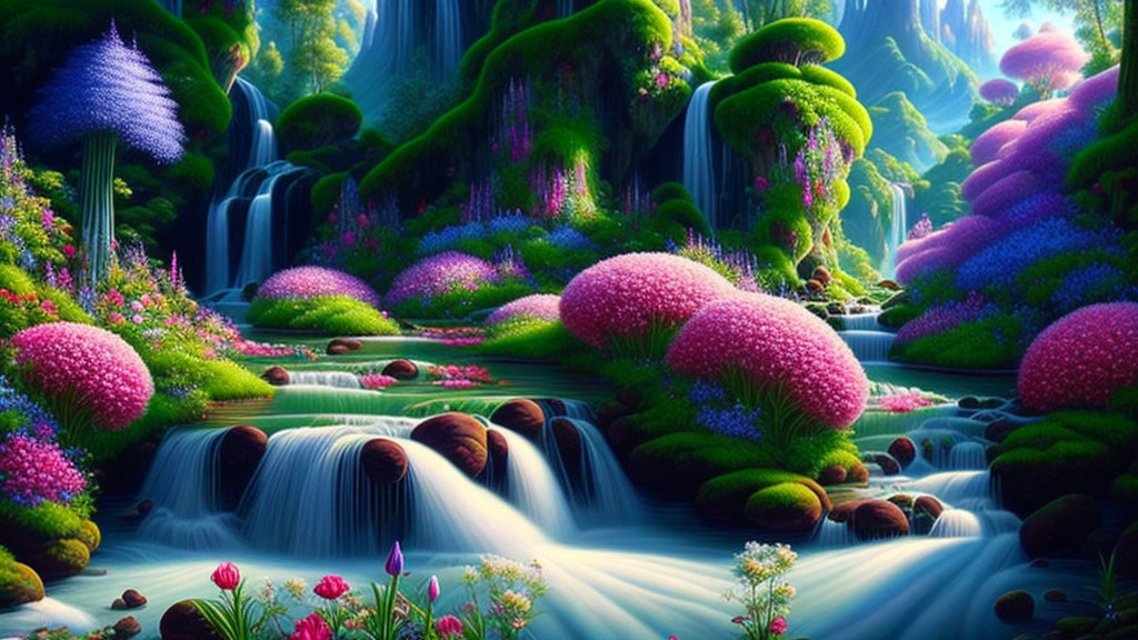 Lush fantasy landscape with waterfalls, greenery, and colorful terrain