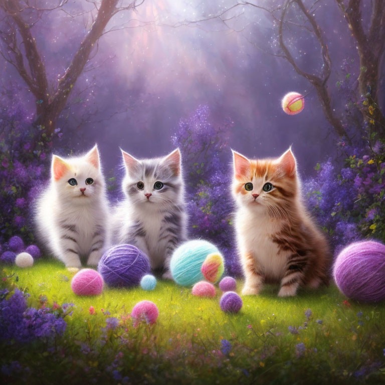 Three fluffy kittens with colorful yarn in magical forest