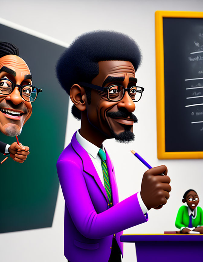 Stylized cartoon teacher characters with pointer and pencil in classroom setting