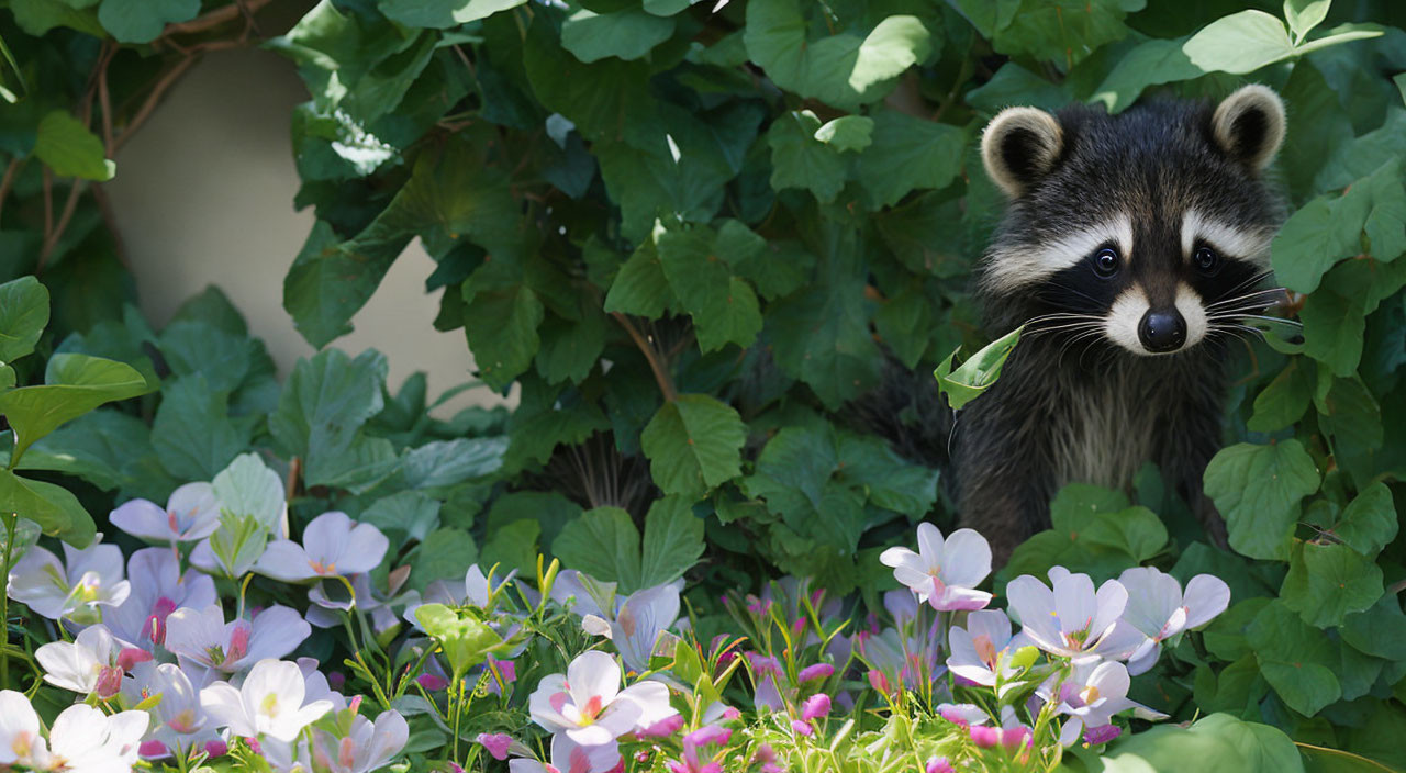 Curious raccoon in lush green foliage with pink and white flowers