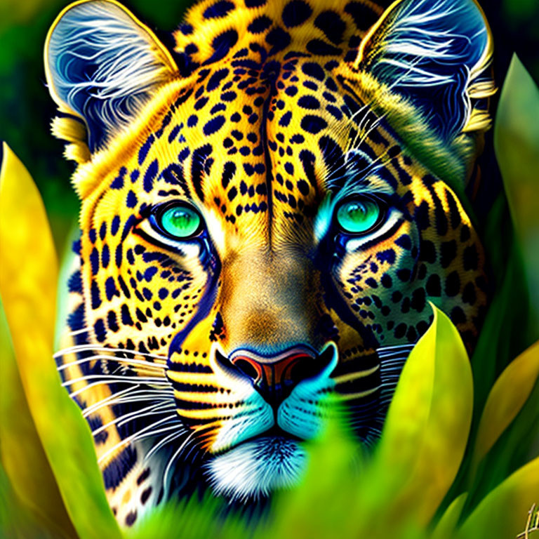 Colorful digital artwork: Jaguar with green eyes in lush foliage