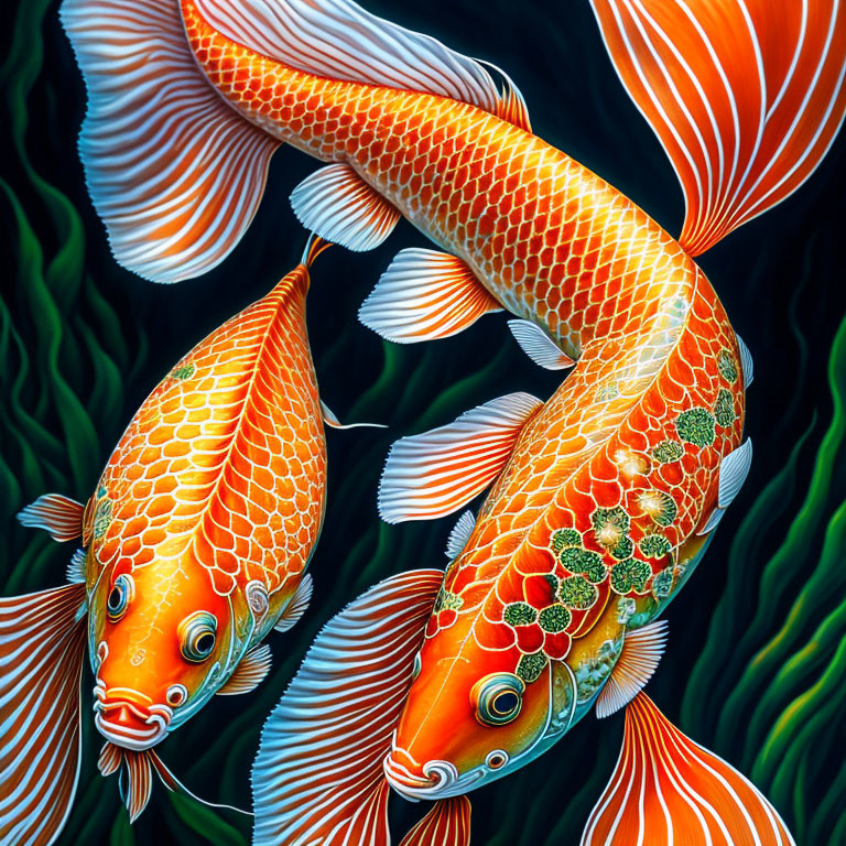 Colorful Koi Fish Swimming in Dark Aquatic Background