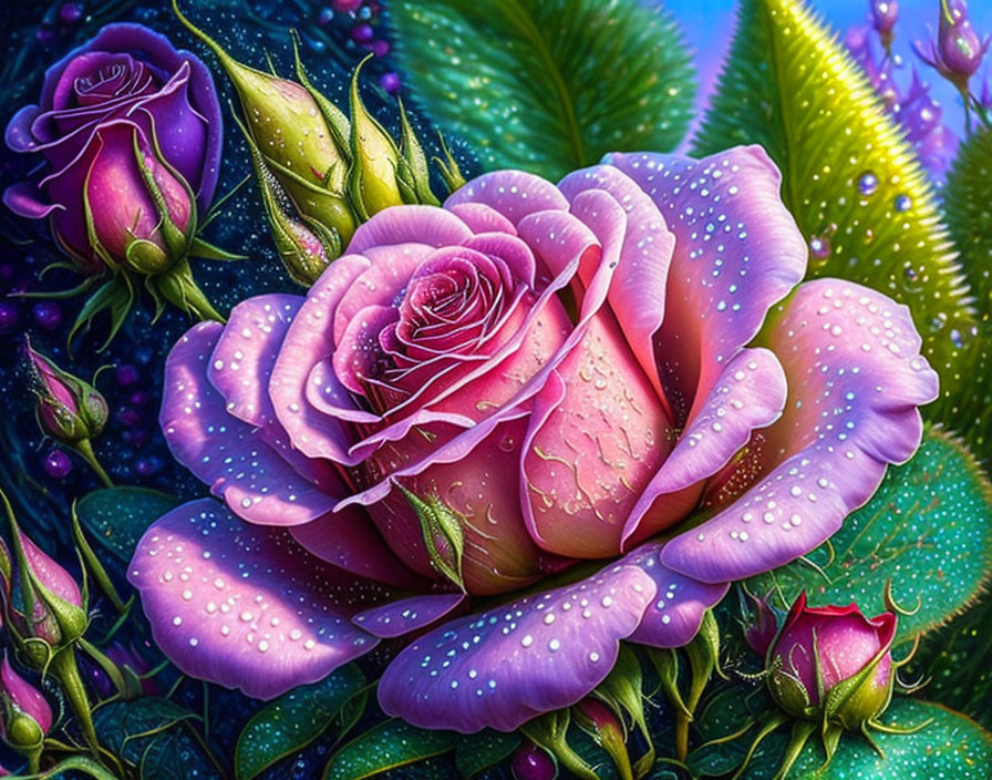 Colorful digital artwork: Pink rose with dew drops, lush greenery, budding roses on dark blue