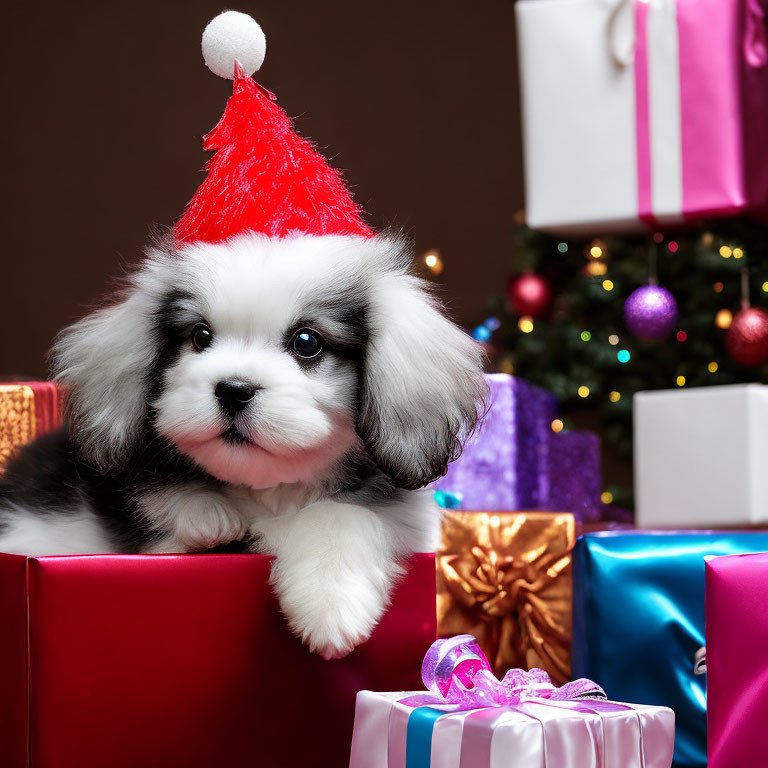 Adorable Puppy in Santa Hat Surrounded by Christmas Decorations