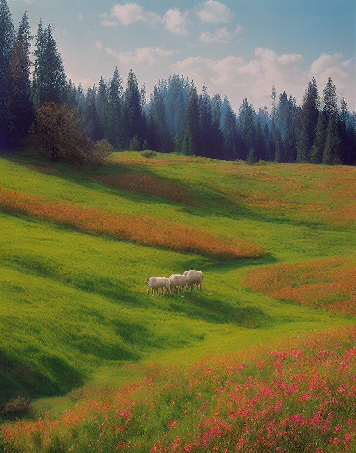 Scenic green meadow with pink wildflowers, grazing sheep, and dense coniferous trees