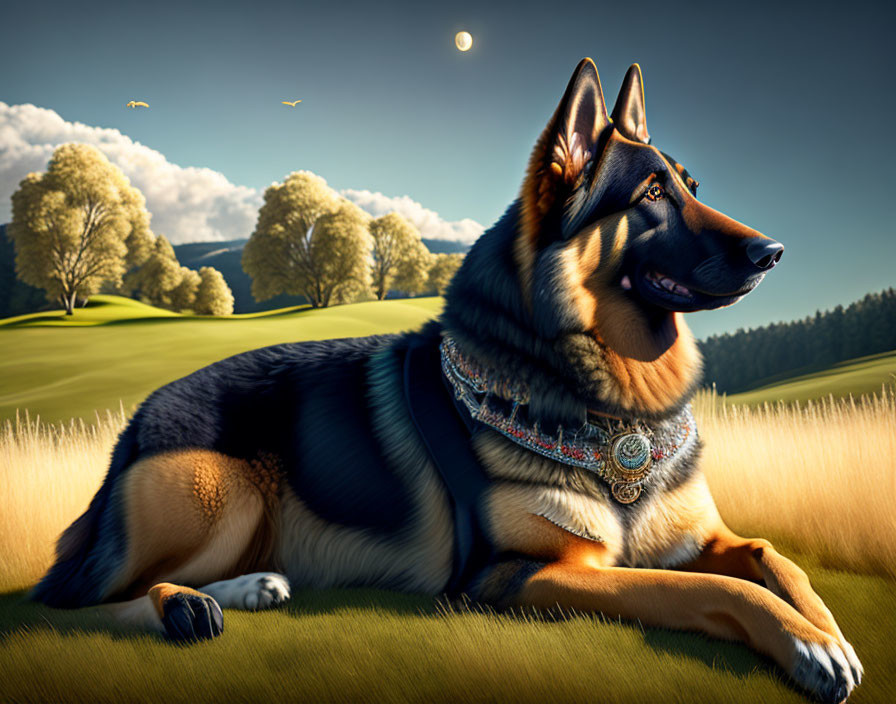 German Shepherd with decorative collar in sunny field with trees and birds