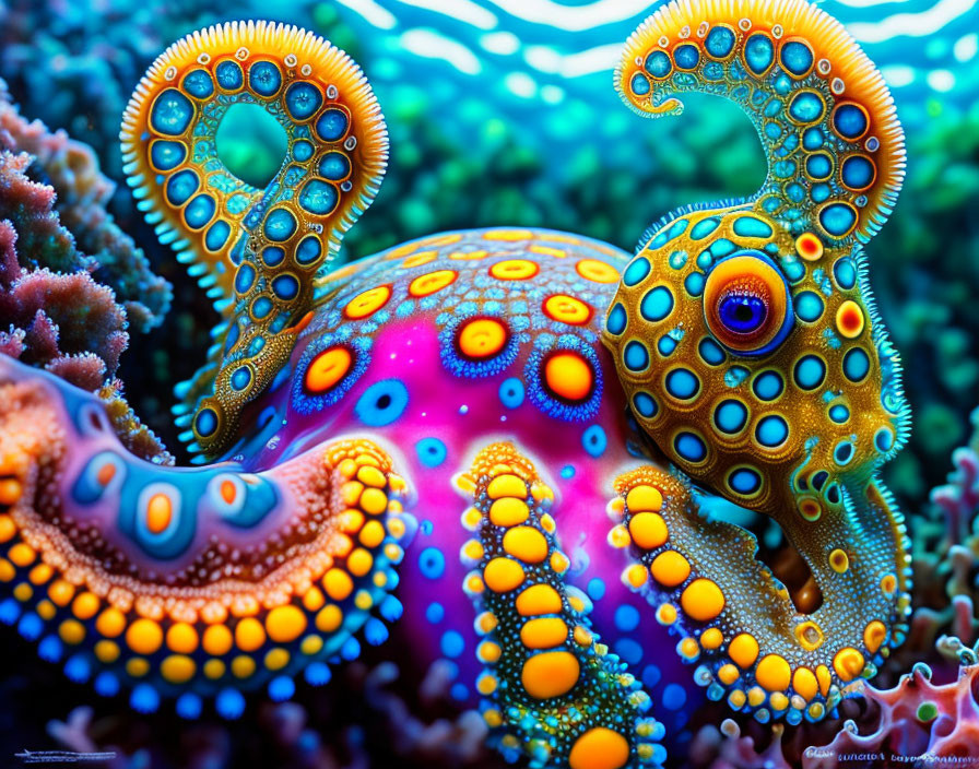 Colorful Octopus Artwork with Psychedelic Patterns on Coral Background