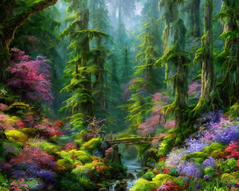 Moss-covered trees, colorful flowers, stream in enchanted forest