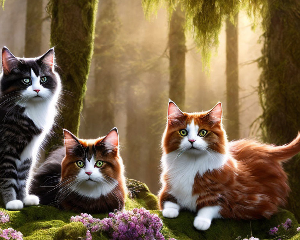 Three cats with unique fur patterns in mystical forest setting