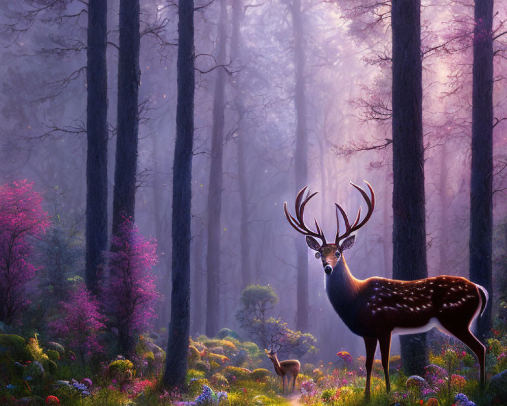 Majestic stag with prominent antlers in mystical forest with purple hues