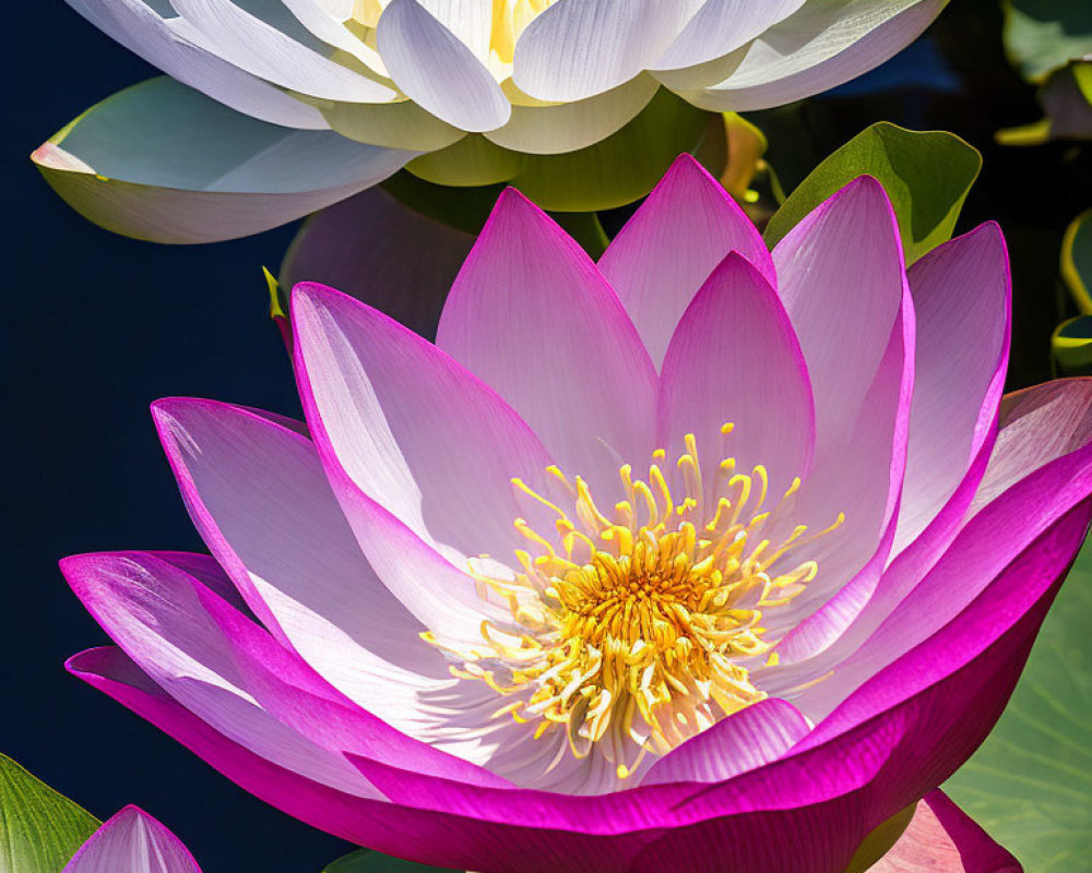 Detailed close-up of vibrant pink and white lotus flower with stamens and petals against green leaves