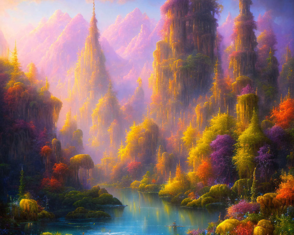 Serene River, Colorful Foliage, Lush Mountains: Mystical Landscape