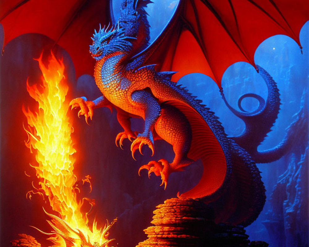 Colorful Orange Dragon Breathing Fire on Rocky Spire