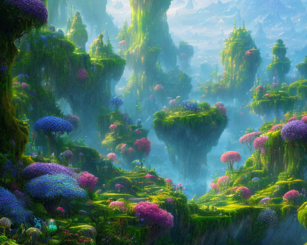 Fantasy landscape: Towering green cliffs, vibrant flora, mist, serene water