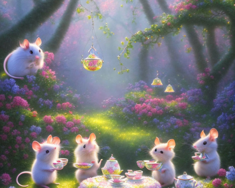 Enchanted forest tea party with whimsical mice and colorful flowers