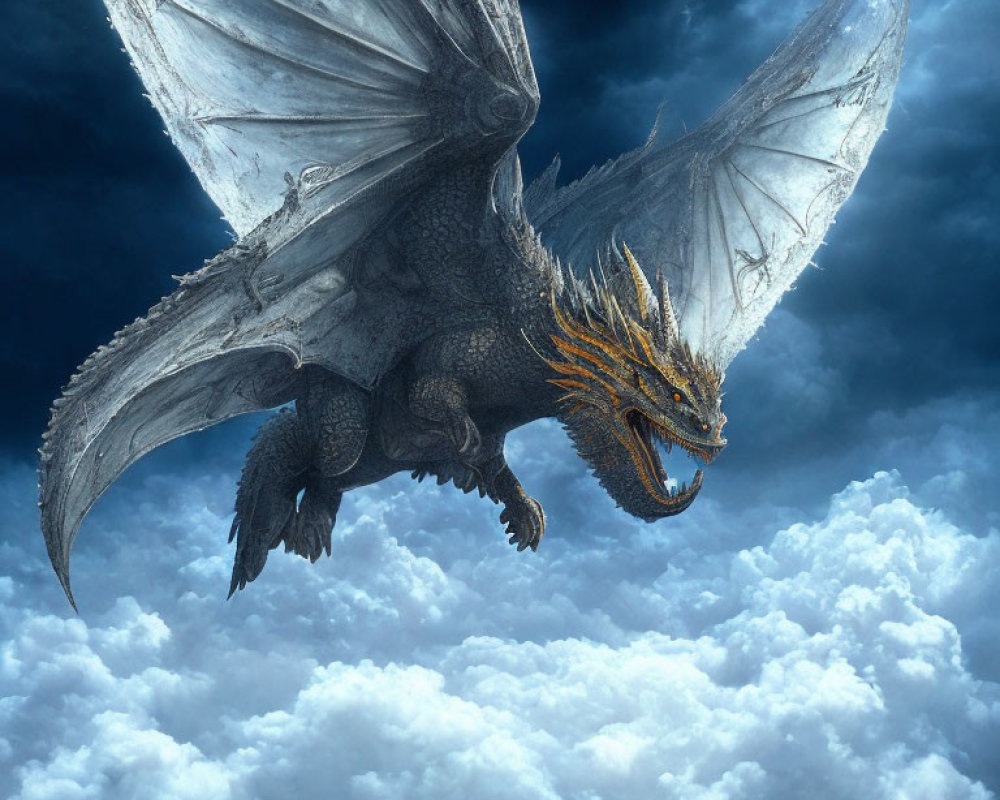 Majestic dragon flying in cloudy sky with spread wings