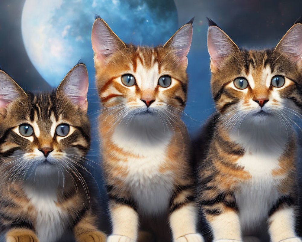 Three adorable kittens under a full moon with captivating eyes