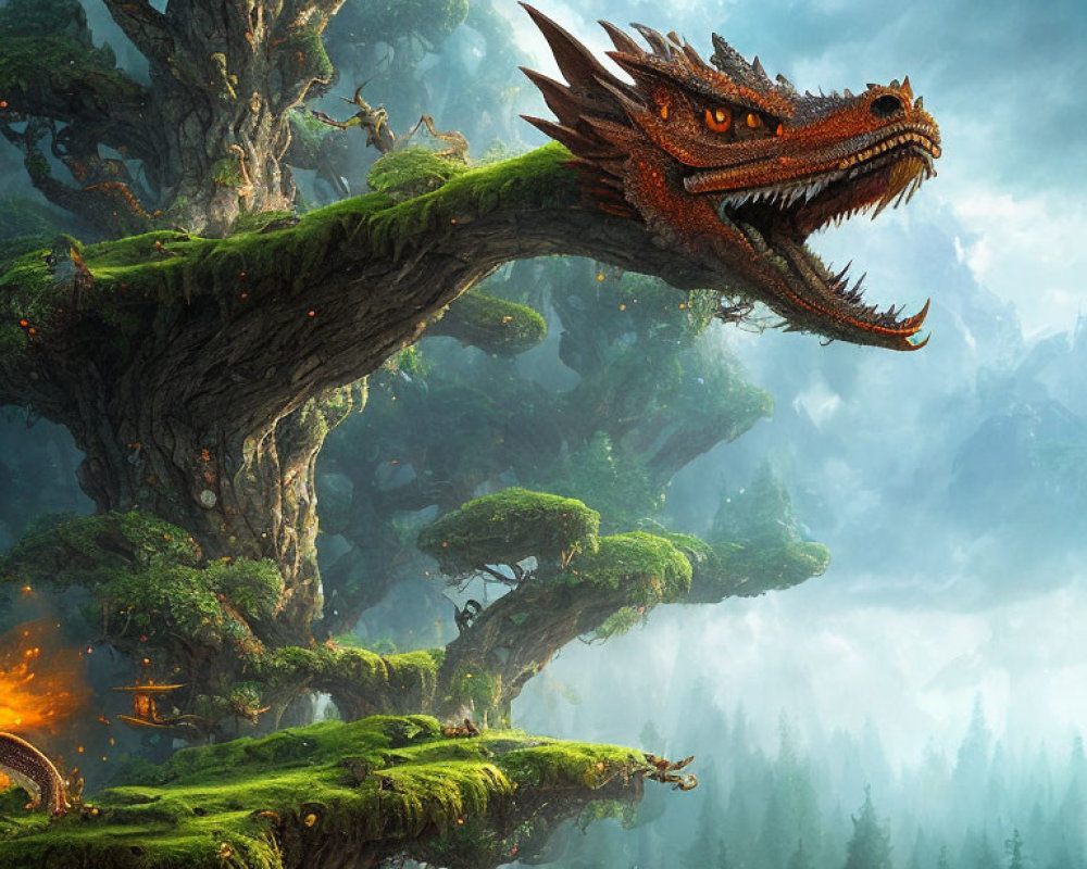 Red-scaled dragon merges with ancient tree in misty forest