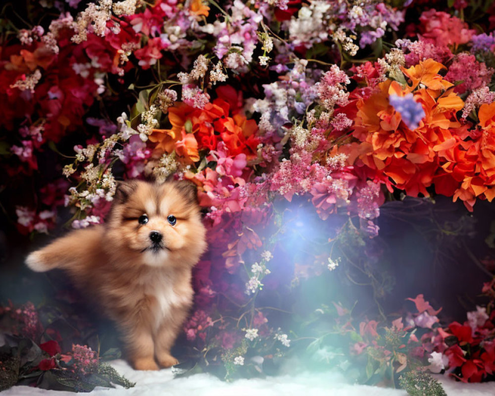 Fluffy Pomeranian Puppy in Colorful Flower Field with Mystical Fog