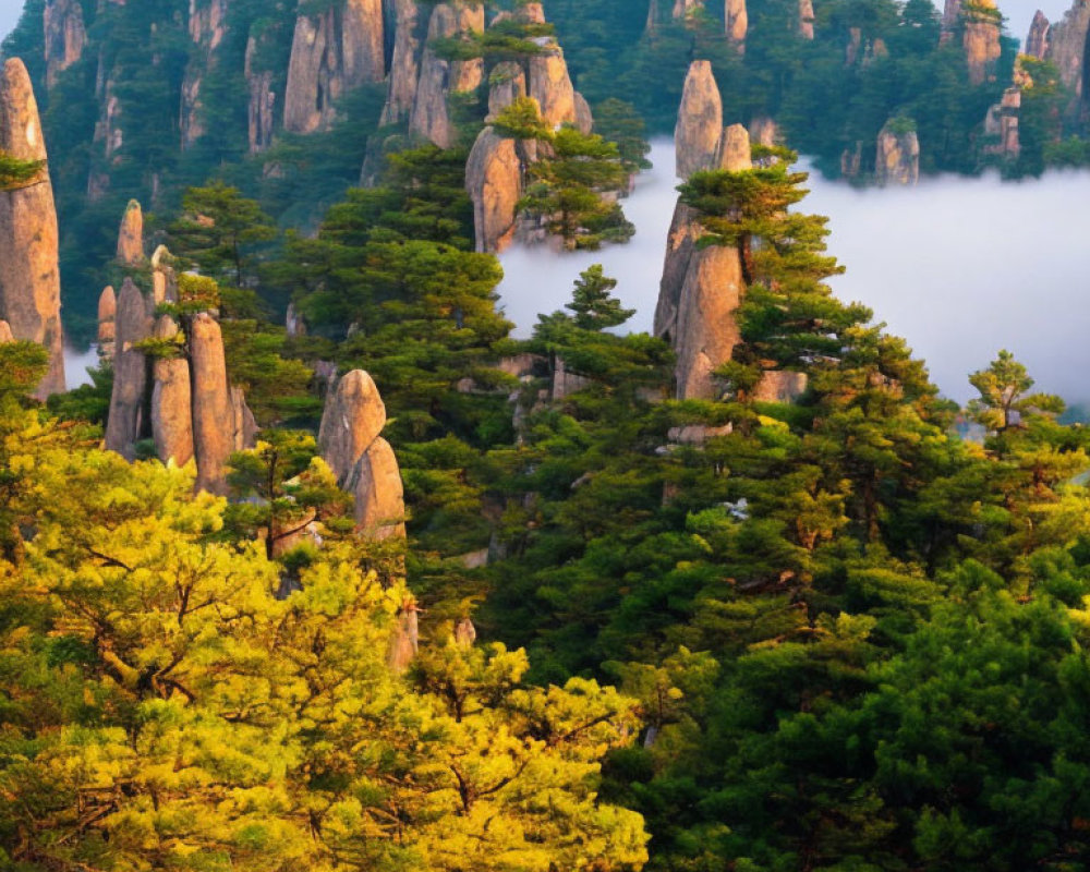 Rocky spires towering over misty forest with sunlight on foliage