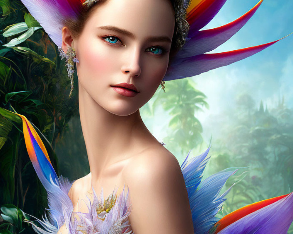 Vibrant feathered headdress woman in jungle setting