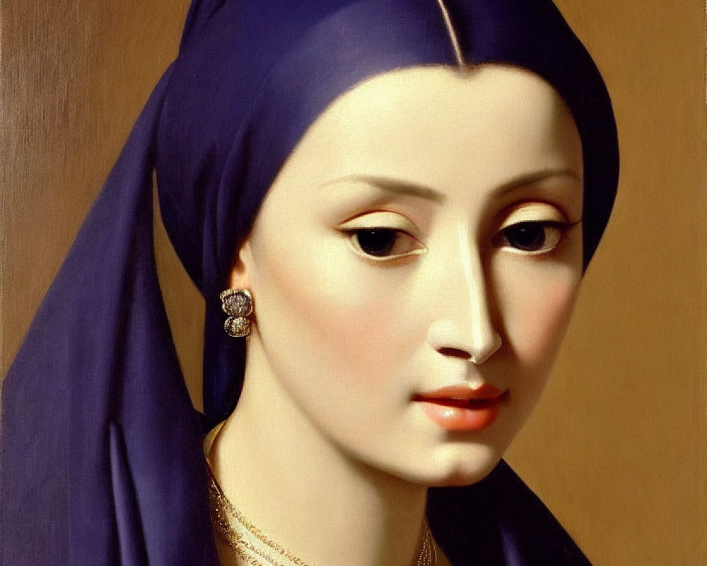 Classic Portrait of Woman in Blue Headscarf and Pearls