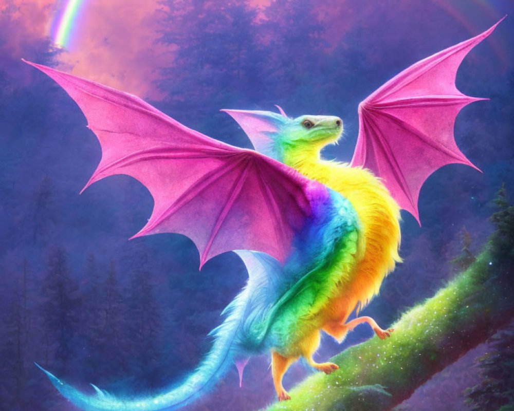 Colorful Dragon with Pink Wings on Hill with Rainbow Background